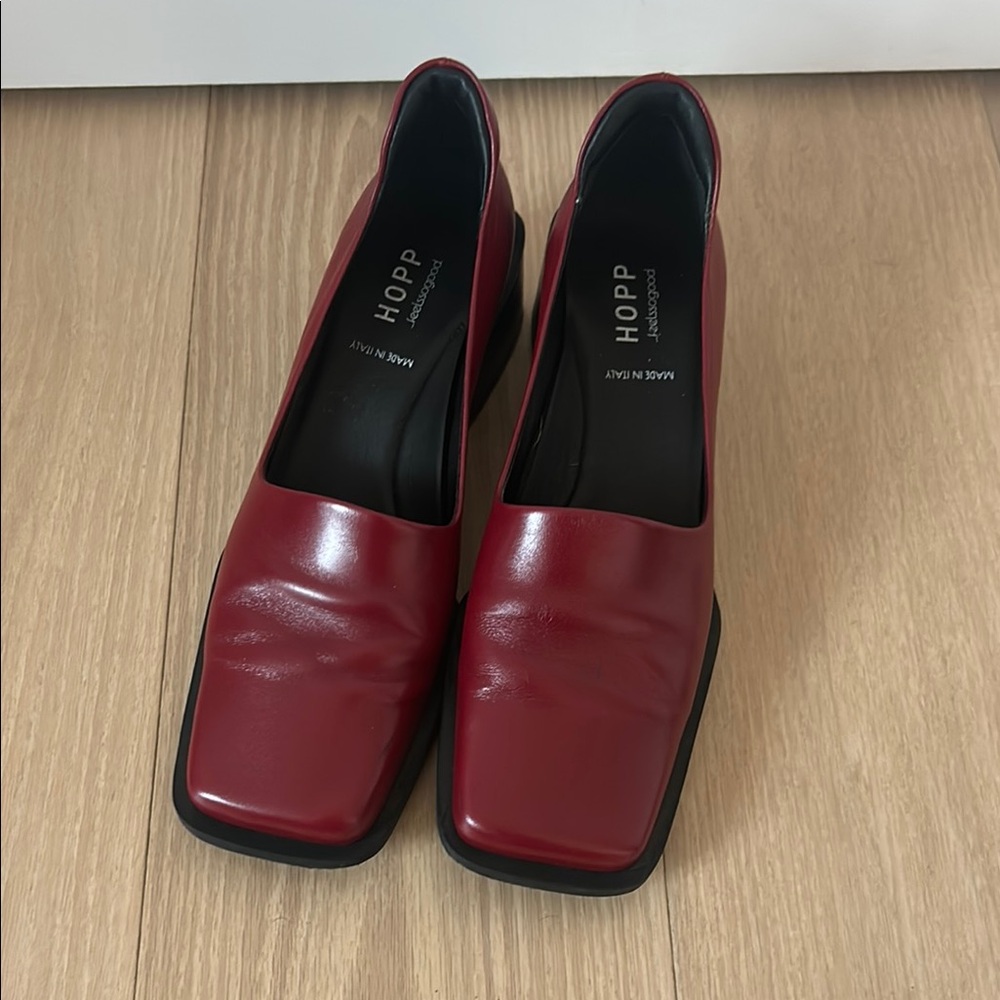 Red Leather Flats with Square Toe Design